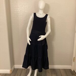 Tahari 100% Cotton Navy Blue Sleeveless Tiered Skirt MIDI Dress Size L